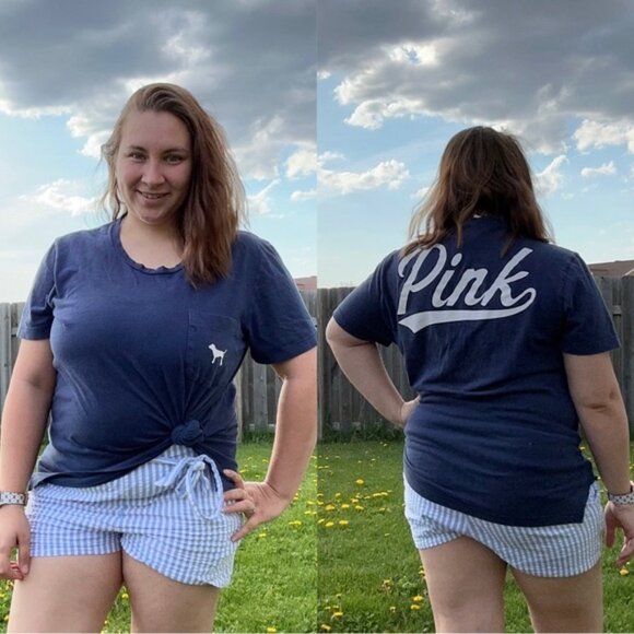 Victoria's Secret PINK | Short Sleeve Navy Pocket Tee Shirt | Size Large - Picture 1 of 14